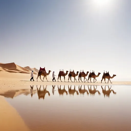 Prompt: a group of people walking a line of camels across a beach with water on the ground and a sky background, Amir Zand, art photography, desert, a photo