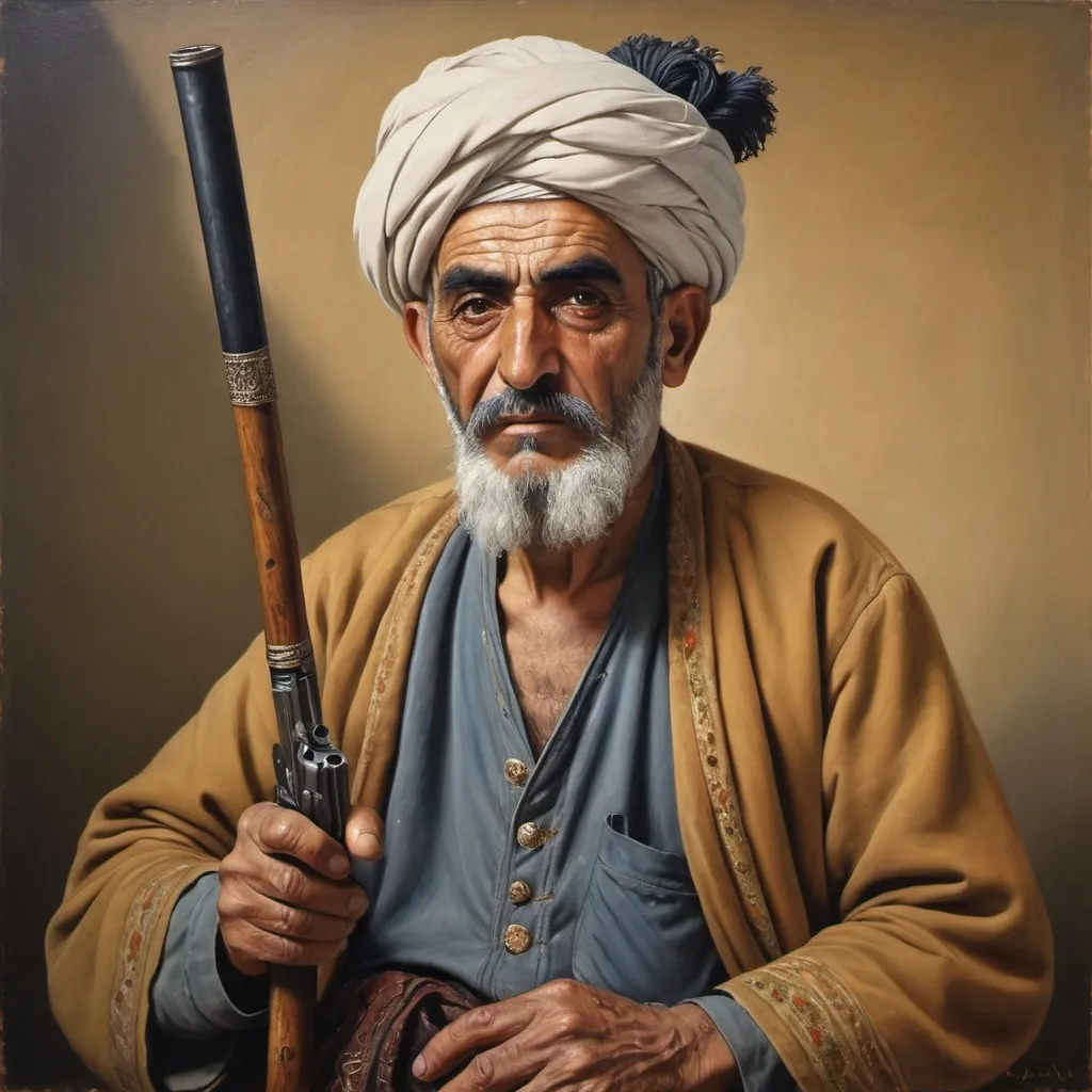 Prompt: a painting of a old marocain man holding a gun and wearing a turban and holding a cane in his hand, Abdullah Gërguri, qajar art, highly detailed oil painting, an oil painting