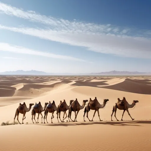 Prompt: a group of camels walking across a desert landscape with sand dunes in the background and a blue sky, Amir Zand, art photography, desert, a detailed matte painting