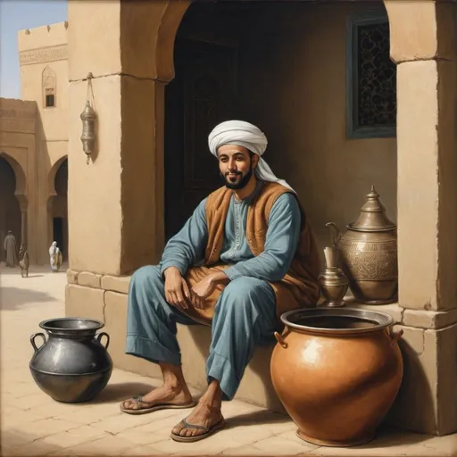 Prompt: a painting of a arabic man sitting on a bench in front of a building with a pot and a pan, Clara Peeters, arabesque, orientalism, egyptian art