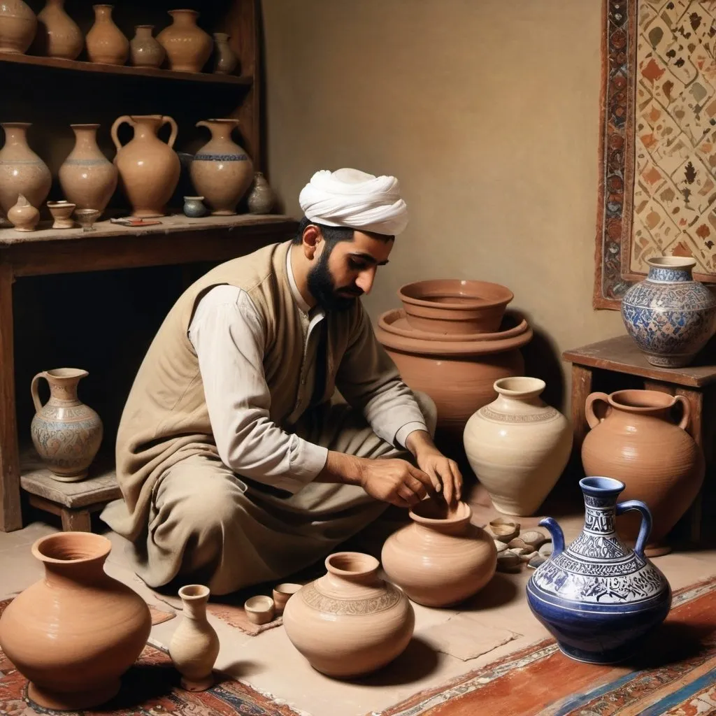 Prompt: painting of a arabic man working on pottery in a room with pottery and other items on the table and on the floor, Art & Language, qajar art, orientalism, egyptian art