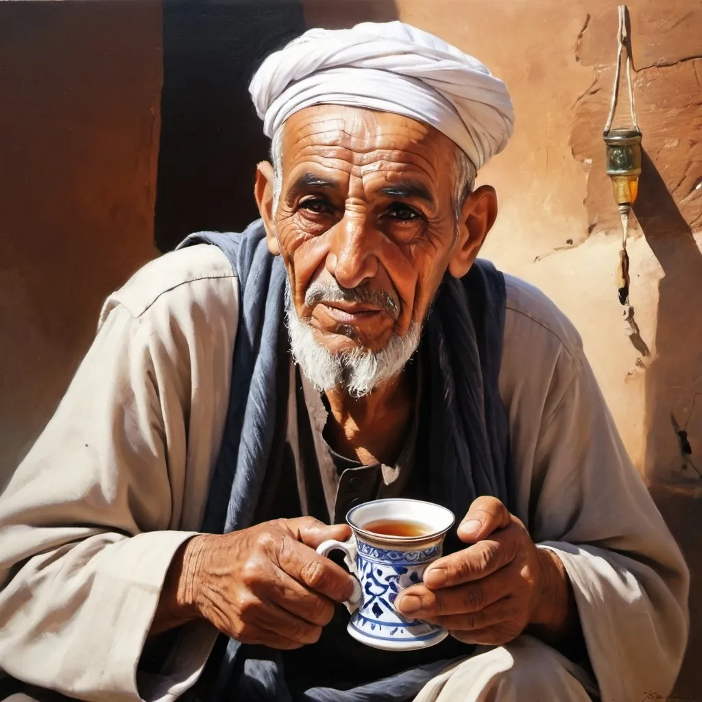 Prompt: an arabic marocain old man drinking cup of tea, oil painted