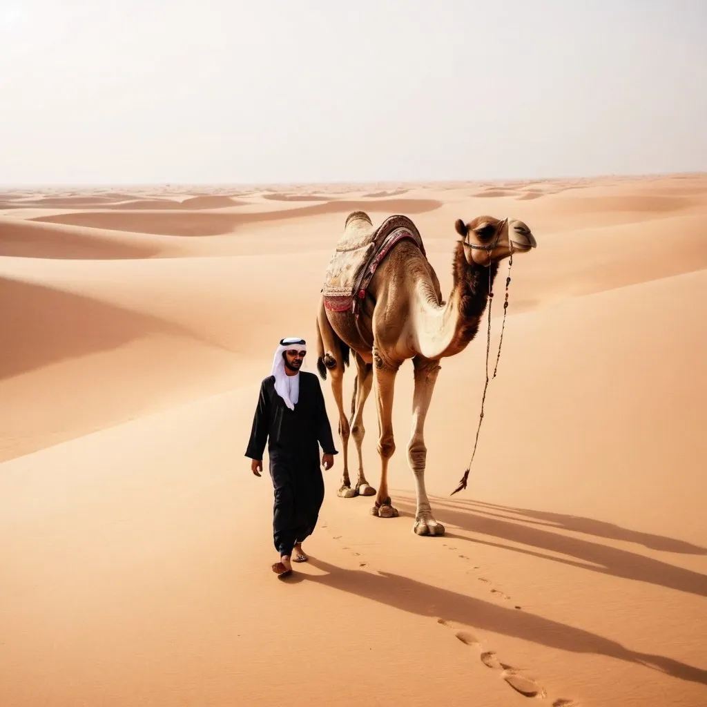 Prompt: Arabic man walking with camel in dessert sand