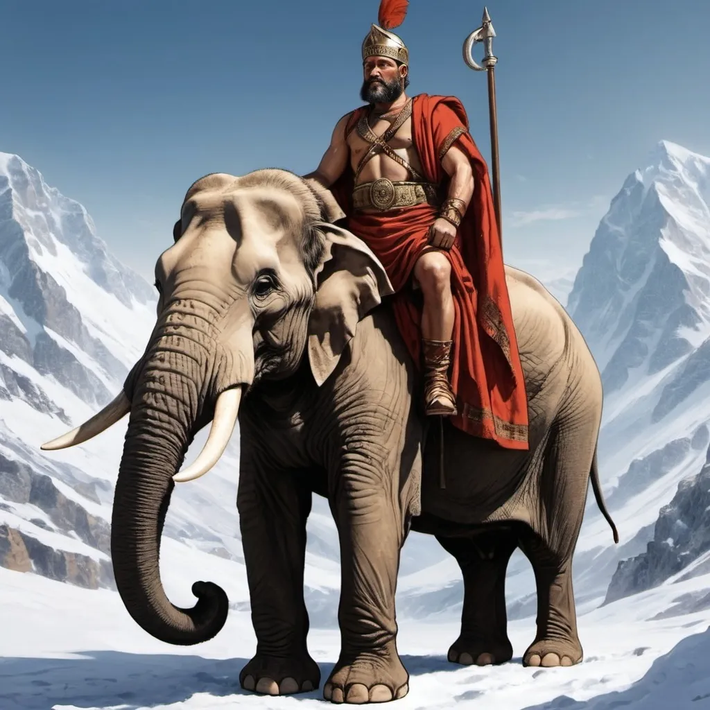 Prompt: Hannibal barca in mountain alpes witn snow and elephant and numidian wariors witn winter dress (skine of animals)