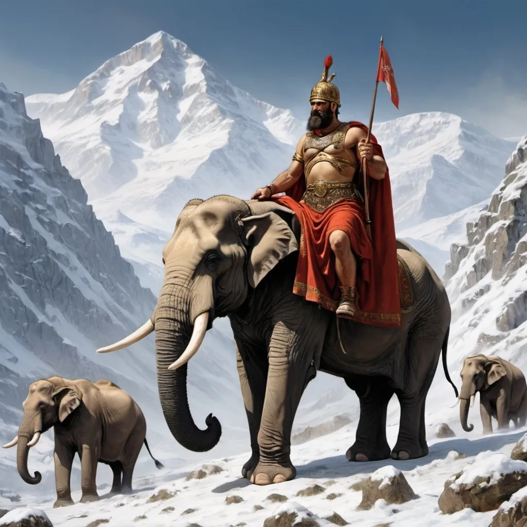 Prompt: Hannibal barca in mountain alpes witn snow and elephant and numidian wariors