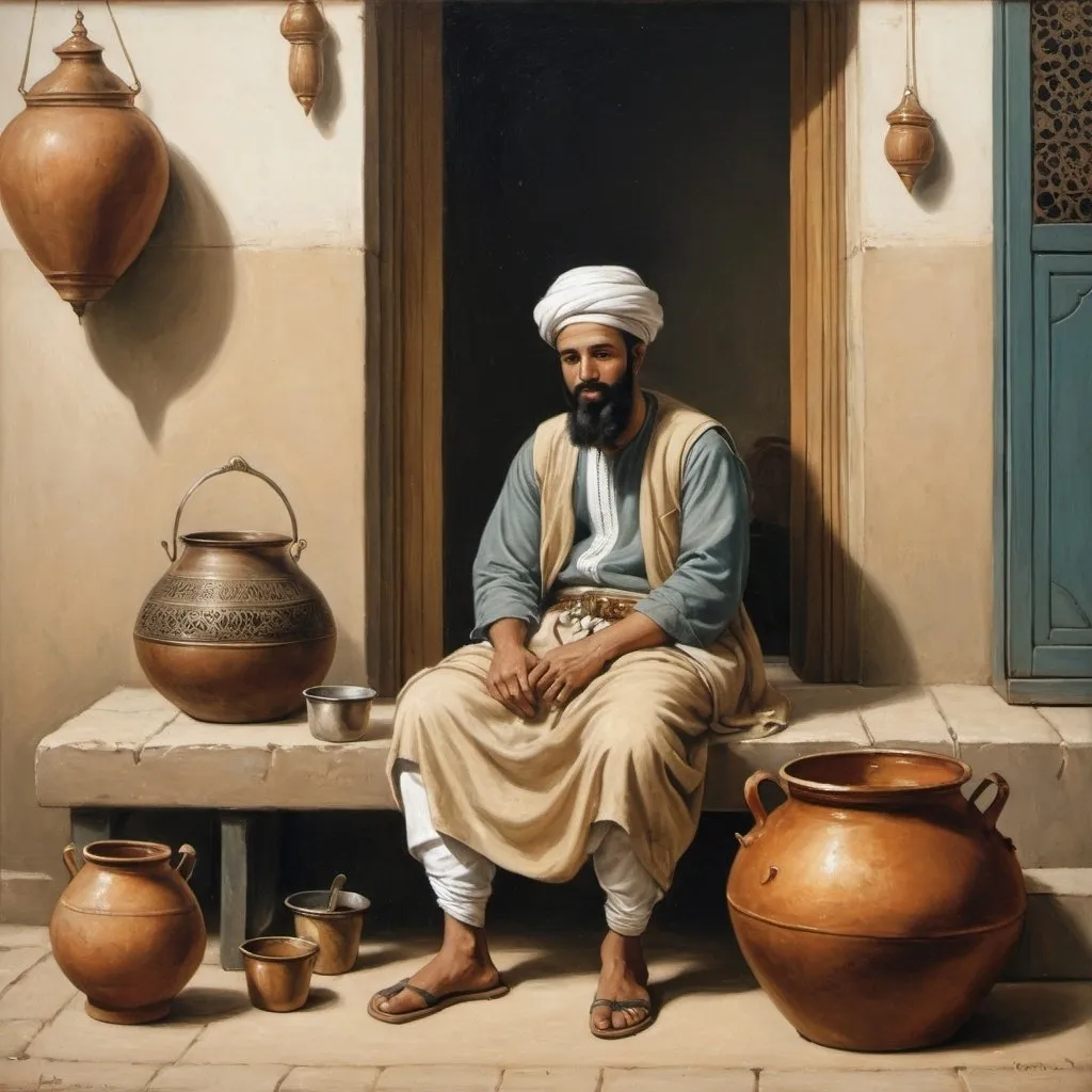 Prompt: a painting of a arabic man sitting on a bench in front of a building with a pot and a pan, Clara Peeters, arabesque, orientalism, egyptian art