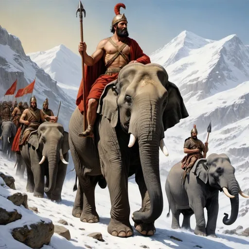 Prompt: Hannibal barca in mountain alpes witn snow and elephant and numidian wariors