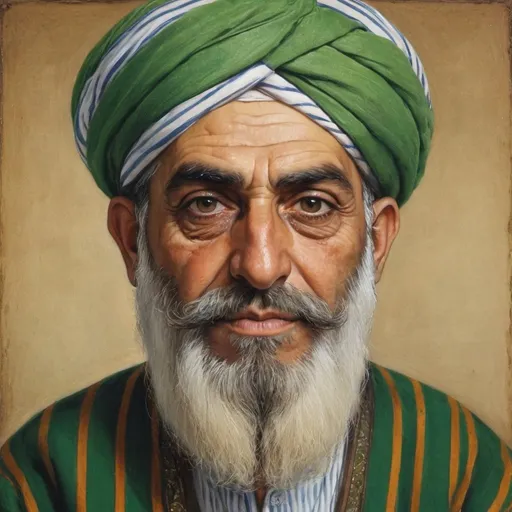 Prompt: a painting of a arabic old man with a turban and a beard wearing a striped shirt and a green turban, Fikret Muallâ Saygı, qajar art, detailed portrait, a character portrait