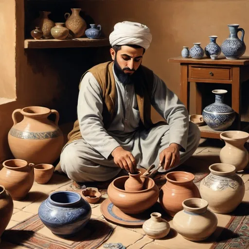 Prompt: painting of a arabic man working on pottery in a room with pottery and other items on the table and on the floor, Art & Language, qajar art, orientalism, egyptian art