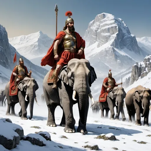 Prompt: Hannibal barca in mountain alpes witn snow and elephant and wariors