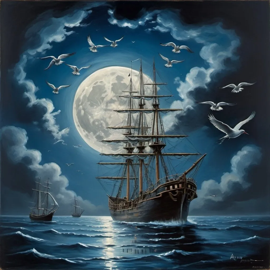 Prompt: a full moon with a ship in the water and birds flying around it, with a dark blue sky and clouds, Arthur Pan, romanticism, full moon, a surrealist painting