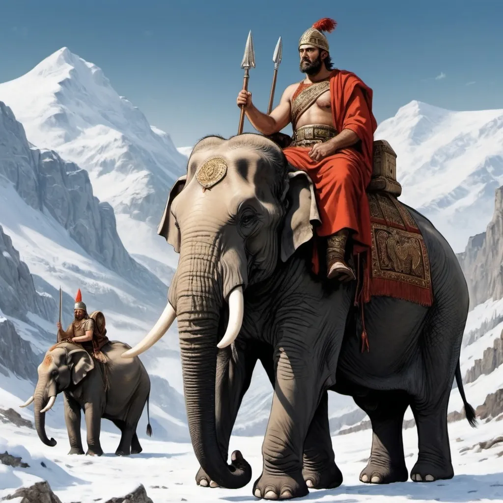 Prompt: Hannibal barca in mountain alpes witn snow and elephant and numidian wariors witn winter dress (skine of animals)