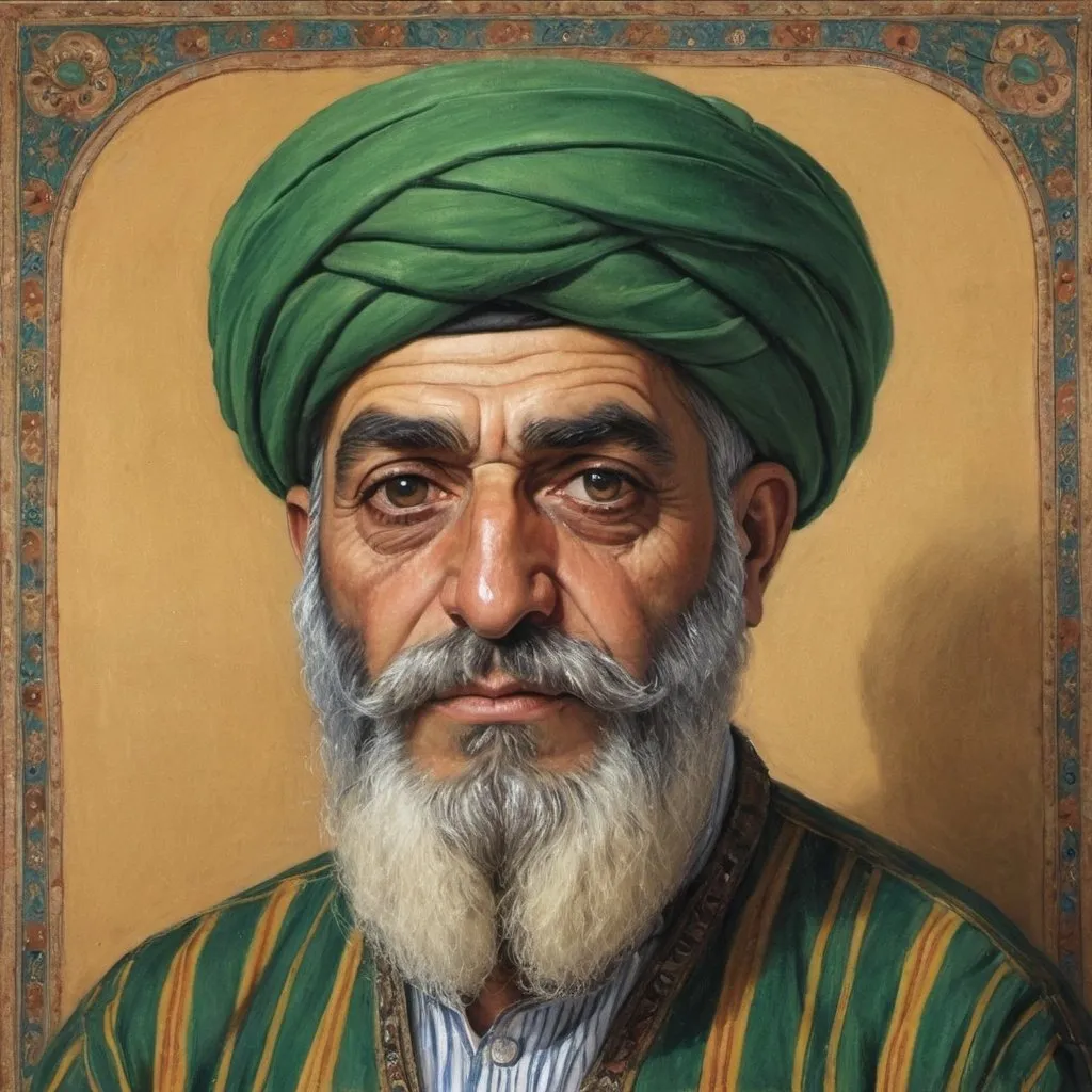 Prompt: a painting of a arabic old man with a turban and a beard wearing a striped shirt and a green turban, Fikret Muallâ Saygı, qajar art, detailed portrait, a character portrait