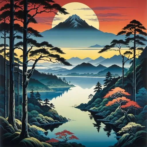 Prompt: a painting of a lake surrounded by trees and mountains with a sunset in the background , Eyvind Earle, ukiyo-e, high fantasy, an art deco painting