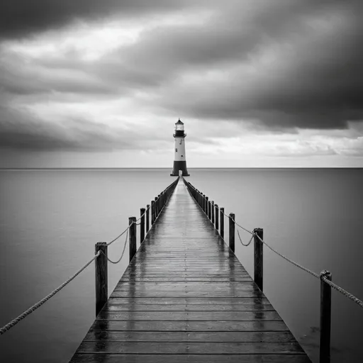 Prompt: a long pier extending into the ocean under a cloudy sky with a lighthouse in the distance on a cloudy day, Derold Page, art photography, award - winning photography, a black and white photo