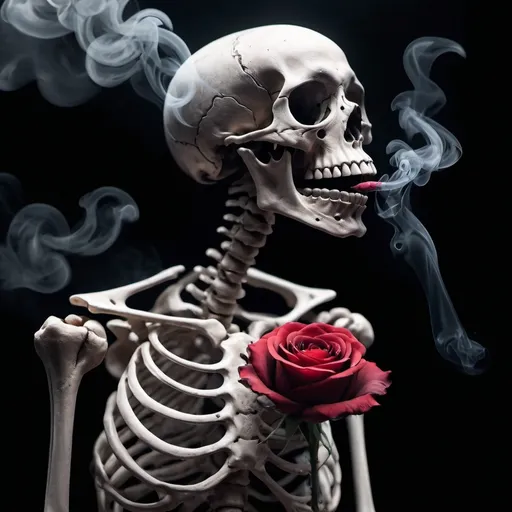 Prompt: A skeleton holding a rose flower and blowing   smoke on it

