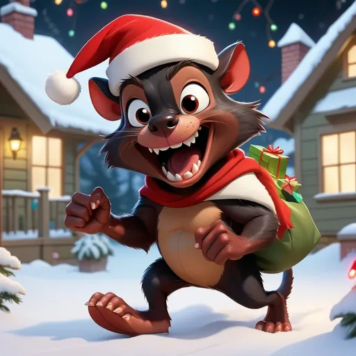 Prompt:  A cartoon-style Tasmanian Devil character, inspired by Looney Tunes, wearing a Santa hat and carrying a sack of presents. He is running away from a snow-covered house decorated with glowing Christmas lights, creating a playful holiday scene.