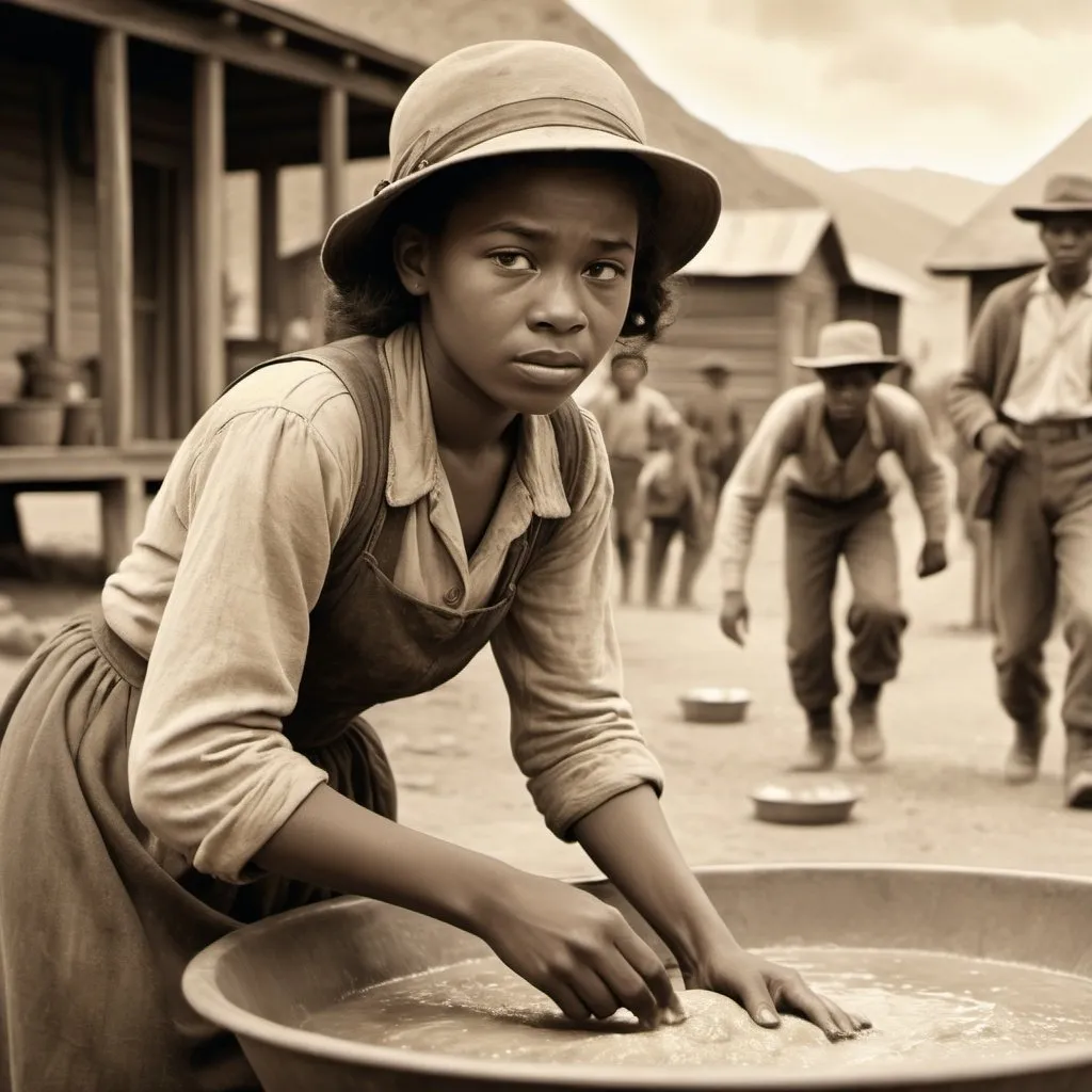 Prompt: 1948 California Gold Rush, African American youth panning for gold, woman working in the background, dusty and gritty atmosphere, vintage sepia tones, detailed clothing and facial features, historical illustration, dusty atmosphere, vintage sepia tones, medium shot, 4k detail, historical, realistic, sepia, gritty, detailed clothing, focused expressions, dusty atmosphere, retro style lighting