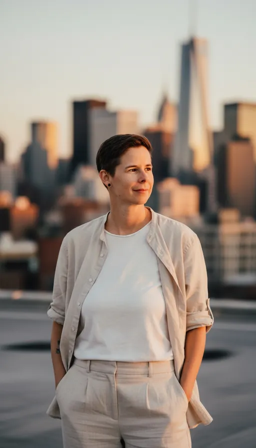 Prompt: fashion portrait photo of a natural-looking woman with short brown hair, slight smile, masculine clothing style, black minimalist earrings, mostly light-colored outfit, rooftop in New York City, sunset light, late afternoon, minimalist aesthetic, warm color tones, modern businesswoman vibe, soft natural lighting, shallow depth of field, editorial photography, captured with 85mm lens
