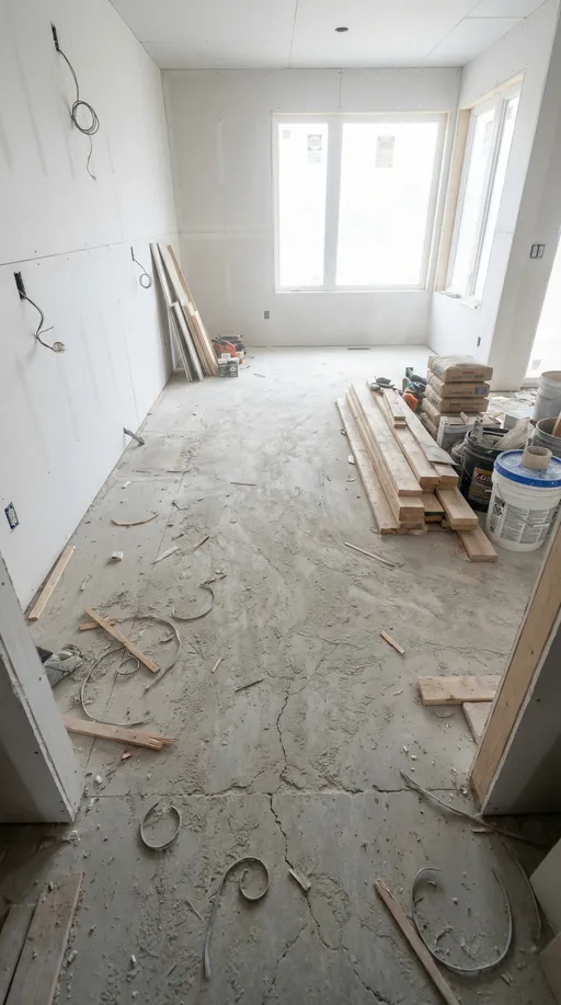 Prompt: A wide-angle photorealistic modern kitchen interior under construction. Bare concrete subfloor with dust, cracks, and debris scattered across the ground. Unfinished white drywall walls, exposed electrical outlets, no cabinets or appliances installed. Construction materials stacked in corners. Natural daylight entering through large windows. Industrial, raw atmosphere. Static camera on tripod, eye-level view, cinematic realism, ultra-detailed textures.