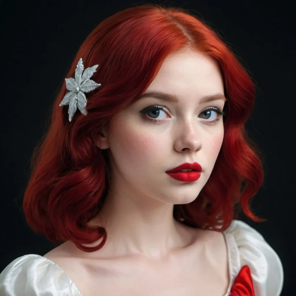 Prompt: A girl with red lips and red hair like snow white with black screen 