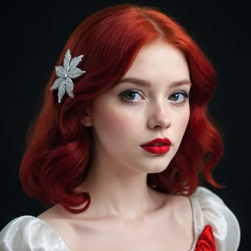 Prompt: A girl with red lips and red hair like snow white with black screen 