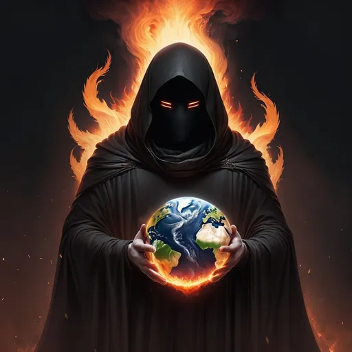 Prompt:  dark cloak man no face holding the world on fire
