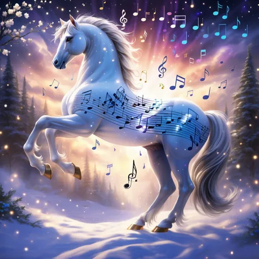 Prompt: Fantasy stallion that is music themed. (Equine quadruped). Music notes forming the horse's body. Elegant features. Beautiful. Magical atmosphere. Photorealistic. Highly detailed painting. 64k.