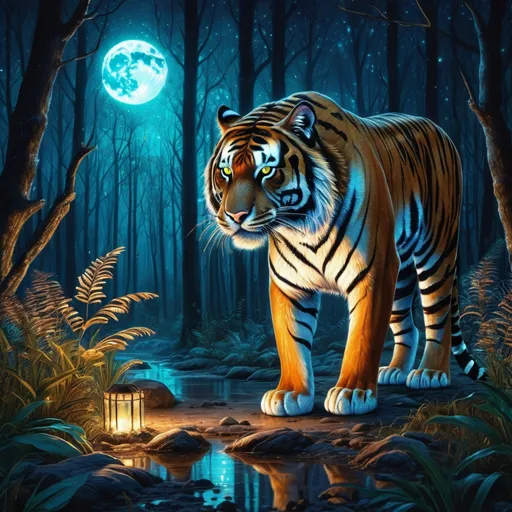 Prompt: Majestic bioluminescent tiger. (Tiger quadruped). Dense forest with bones on the ground. Moonrise. Bioluminescence environment. Sparkling . Little bioluminescent streaks in tigers fur. Magical atmosphere. Epic. Fantasy. Photorealistic. Highly detailed painting. 8k.