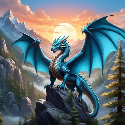 Prompt: Western-style dragon admiring the mountains. Quadruped. Sky-blue color. Forest environment. Athletic and muscular. Soft looking wings. Smooth body design. Honorable and proud. Sunrise setting. Highly detailed painting. Magical atmosphere. 8k.