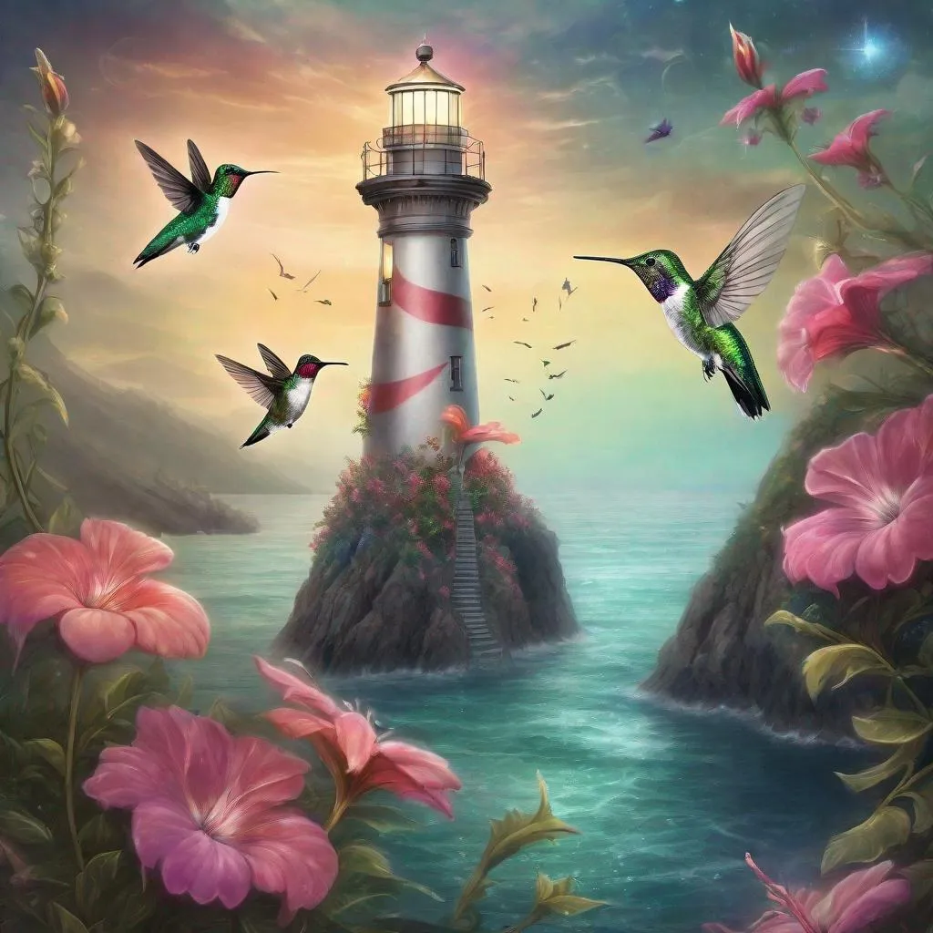 Prompt: A hummingbird and a magical lighthouse with a fantasy setting