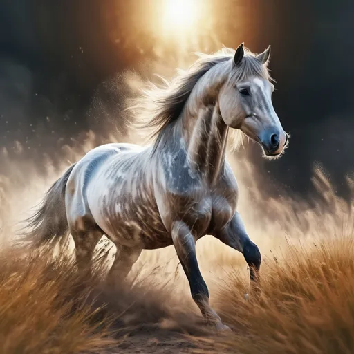 Prompt: Elemental stallion made of air. Translucent appearance. Equine quadruped. Surrounded by dust particles. Windy grass field. Highly detailed painting. Photorealistic. Corona effect. Magical atmosphere. 8k.