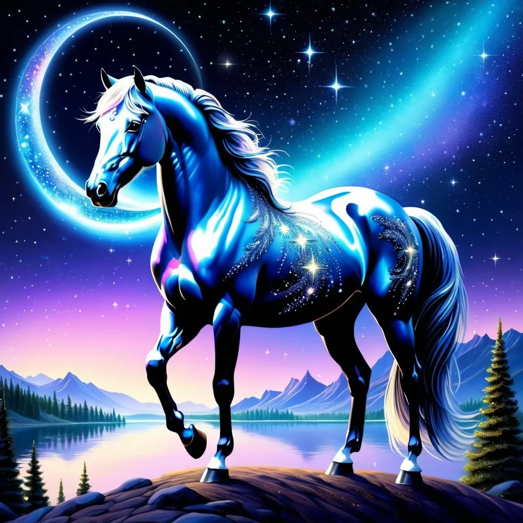 Prompt: Fantasy stallion with intricate glittering and made of delicate iridescent crystals. Sparkling. Starry night. Nature environment. Magical atmosphere. Photorealistic. Highly detailed painting. 64k resolution.