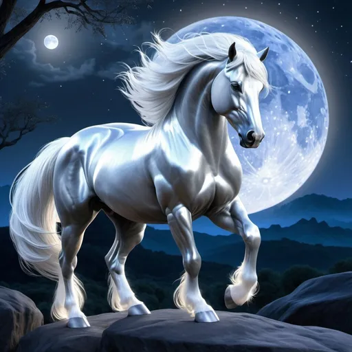 Prompt: Magnificent fantasy stallion that is made of elemental silver. Stallion has a smooth silver body a shine that outlines the body giving a glowing effect. Nature environment. Moonrise setting. Magical atmosphere. Photorealistic. Highly detailed painting. 64K resolution.