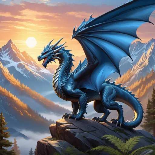 Prompt: Western-style dragon admiring the mountains. Quadruped. Steel-blue color. Forest environment. Athletic and muscular. Soft looking wings. Smooth body design. Honorable and proud. Sunrise setting. Highly detailed painting. Magical atmosphere. 8k.