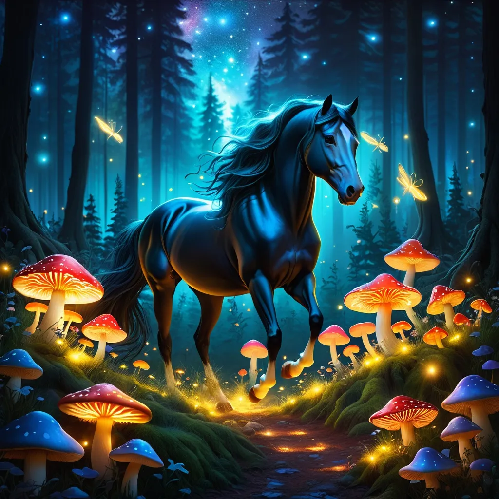 Prompt: Fantasy stallion surrounded by a forest full of mushrooms surrounded by fireflies. Night. Photorealistic. Magical atmosphere. Peaceful mood. Highly detailed painting. 8k.