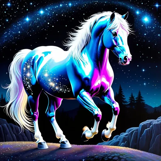 Prompt: Fantasy stallion with intricate glittering and made of delicate iridescent crystals. Sparkling. Starry night. Nature environment. Magical atmosphere. Photorealistic. Highly detailed painting. 64k resolution.