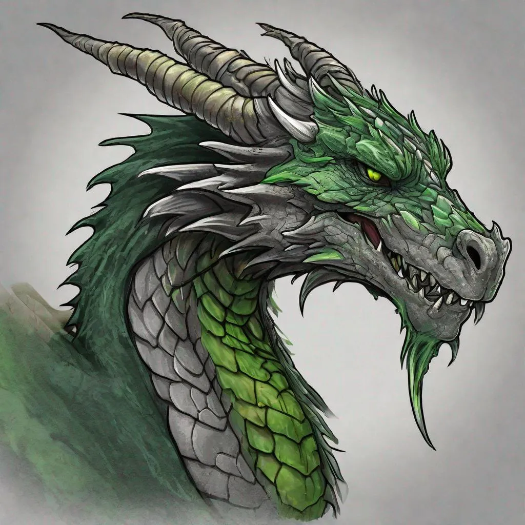 Prompt: Concept design of a dragon. Dragon head portrait. Coloring in the dragon is predominantly dark gray with forest green streaks and details present.