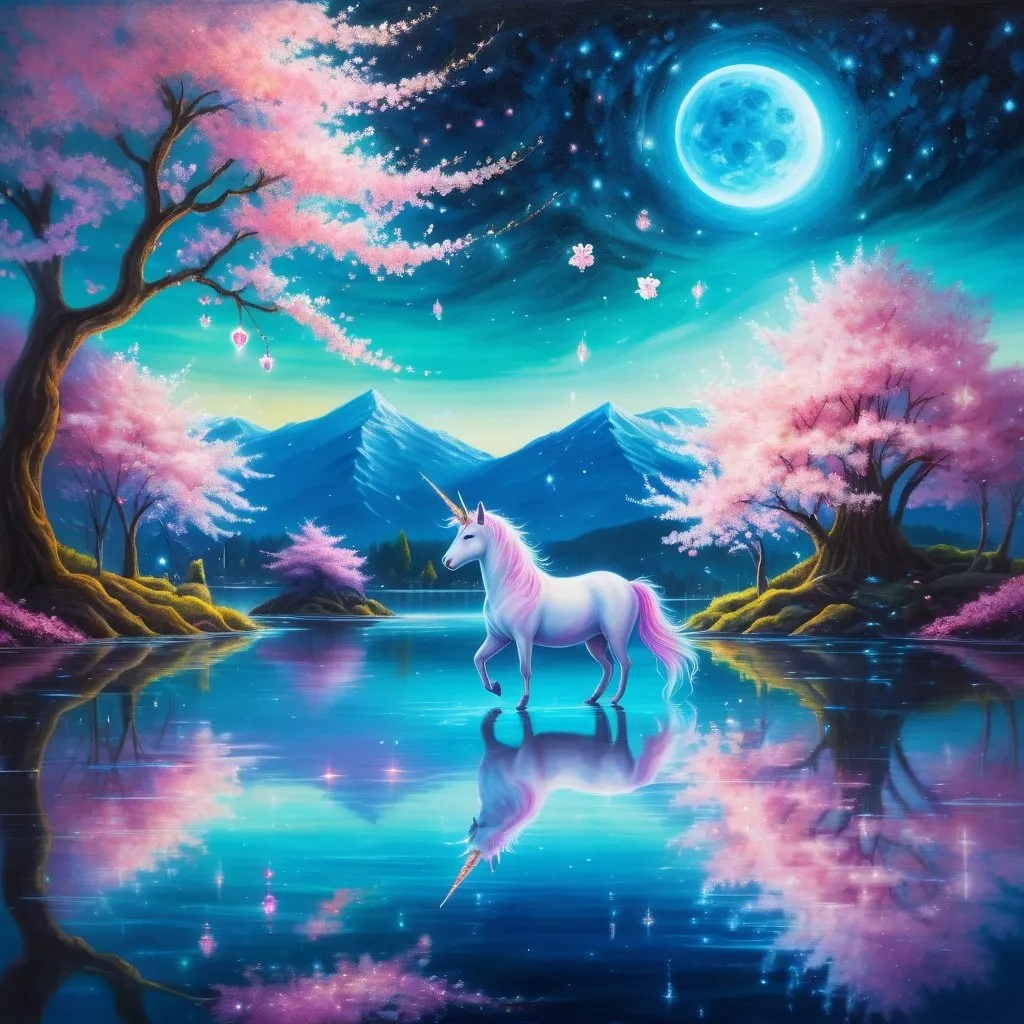 Prompt: A fantasy translucent (unicorn) that is glowing, on a lake surrounded by cherry blossom trees, beneath the stars, bioluminescence surroundings, magical atmosphere, highly detailed painting, peaceful