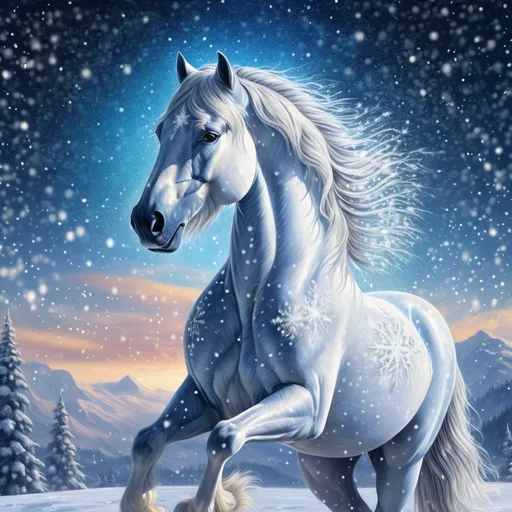 Prompt: A fantasy stallion made of snow with elegant features surrounded by glittering of tiny snowflakes in the sky, twinkling, highly detailed painting, photorealistic, magical atmosphere, 8k, beautiful, calm, corona effect