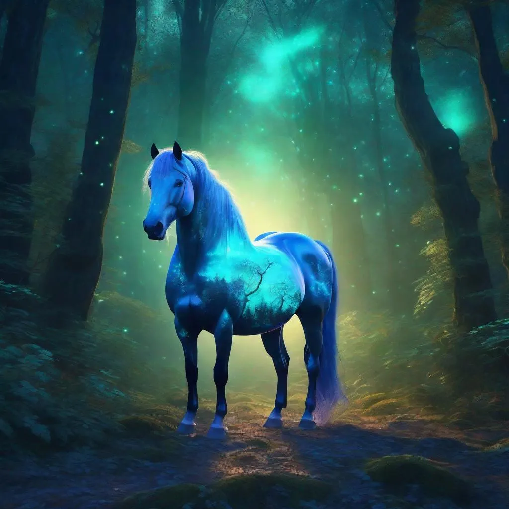 Prompt: A fantasy stallion made out of air with a smooth body and elegant features, bioluminescent forest surroundings, highly detailed painting, photorealistic, magical atmosphere, 8k, corona effect