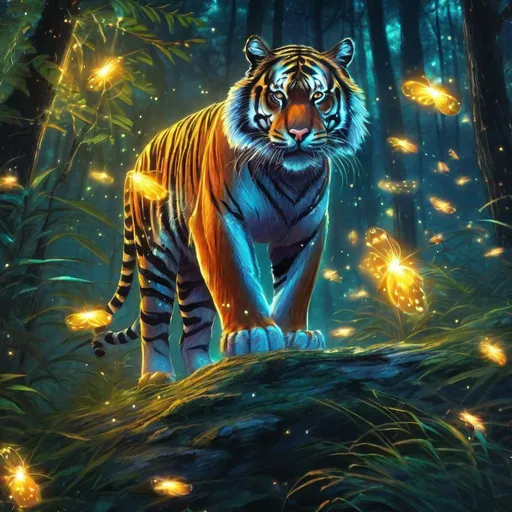 Prompt: Tiger with glowing luminous stripes. (Tiger quadruped). Dense forest with twinkling fireflies. Midnight. Bioluminescence. Magical atmosphere. Photorealistic. Highly detailed painting. 8k. HDR.