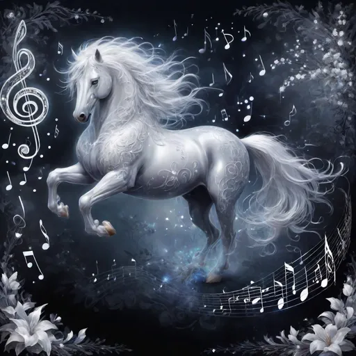 Prompt: Ultra-detailed musical stallion. The stallion has a transparent body that is formed by white music notes and symbols which are integrated together. Dark background. Fantasy. Magical atmosphere. Photorealistic. Highly detailed painting. 64k. HDR.
