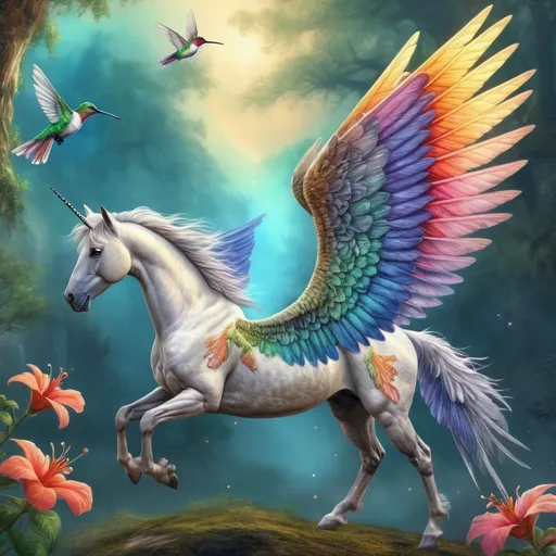 Prompt: Fantasy (Pegasus) that has a pair of (hummingbird) wings, tail and coloring. Nature environment. Magical atmosphere. Highly detailed painting. HDR. 64k resolution.
