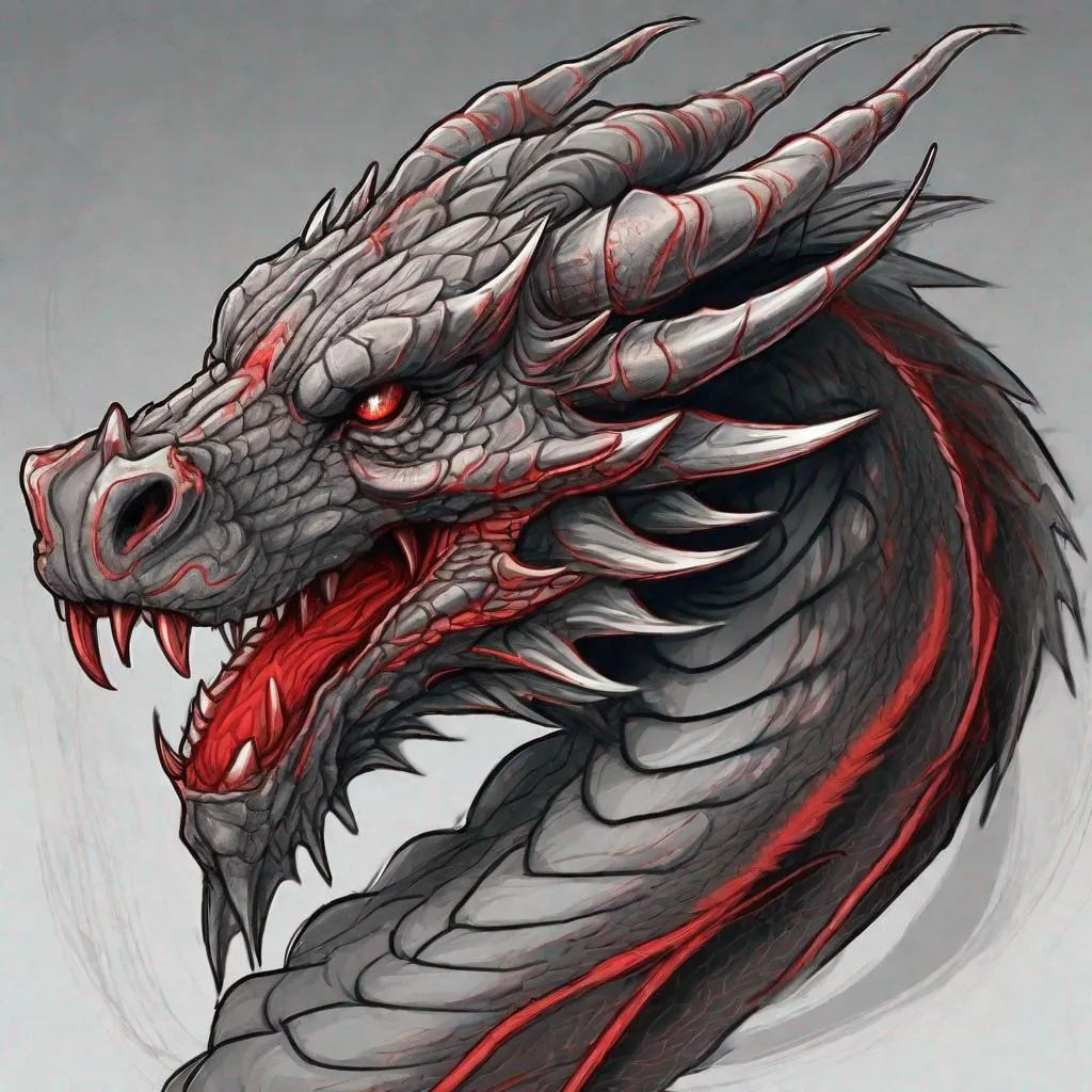 Prompt: Concept design of a dragon. Dragon head portrait. Coloring in the dragon is predominantly dark gray with subtle red streaks and details present.