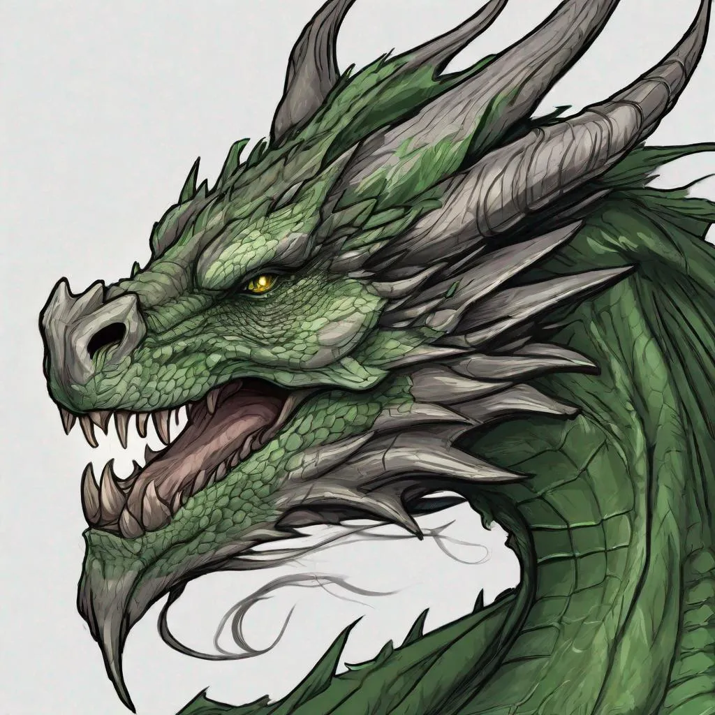 Prompt: Concept design of a dragon. Dragon head portrait. Coloring in the dragon is predominantly dark gray with forest green streaks and details present.