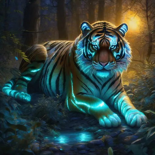Prompt: Fantasy bioluminescent tiger. Tiger quadruped. Dense forest with bones on the ground. Moonrise. Bioluminescence environment. Sparkling . Little bioluminescent streaks in tigers fur. Magical atmosphere. Epic. Fantasy. Photorealistic. Highly detailed painting. 8k.