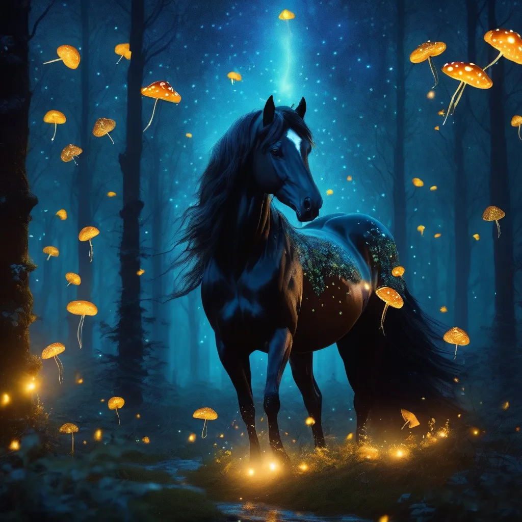 Prompt: Fantasy stallion surrounded by a forest full of mushrooms surrounded by fireflies. Night. Magical atmosphere. Peaceful mood. Highly detailed painting. 8k. 