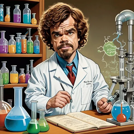 Prompt: Colorful humorous book illustration of a chemistry professor who looks like Peter Dinklage working in a laboratory. Light brown hair. In the style of Dr. Theodor Seuss Geisel, Anton Pieck and Kat Tzingounakis , funny