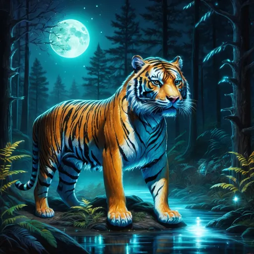 Tiger Reclining on Emerald Arm in Enchanted Forest with Neon